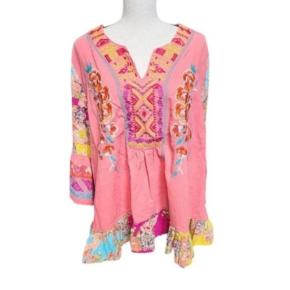 Calessa Embroidered Boho Colorful Top Size 2X Cotton Flowy